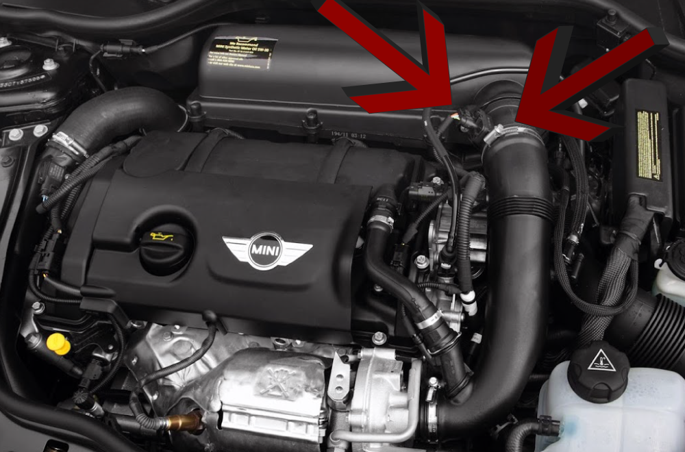 Mini Cooper Engine Compartment Detail with Arrows pointing to Band Clamp and Sensor Connector
